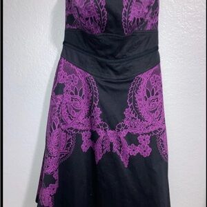 Karen Millen Floral Lace Black Purple Fit & Flair Strapless Cocktail Dress Sz 4